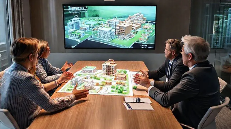 photorealistic, professional photography, 8K, cinematic lighting, sharp focus, depth of field, shot on a high-end DSLR, a diverse group of construction professionals, architects, engineers, and a legal advisor seated around a modern conference table, reviewing digital green building models on a large screen, engaged in an animated, collaborative discussion, hands gesturing, conveying proactive communication and problem-solving.