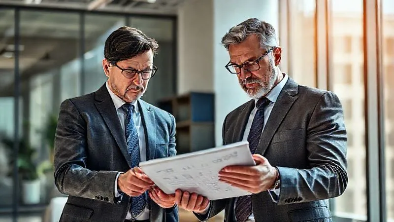 photorealistic, professional photography, 8K, cinematic lighting, sharp focus, depth of field, shot on a high-end DSLR, a legal advisor and a technical building expert in a modern, sunlit office, collaboratively reviewing a tablet displaying building performance data and complex legal documents, their expressions serious and focused, conveying expert counsel and strategic planning.