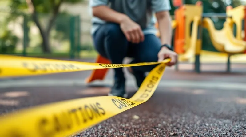 A photorealistic, professional photography, 8K image of a school staff member carefully placing yellow "caution tape" around a specific area on a playground, with a clear focus on the tape and the ground, suggesting an accident scene. The lighting is natural but crisp, highlighting details. Depth of field blurs distant playground equipment. Shot on a high-end DSLR.