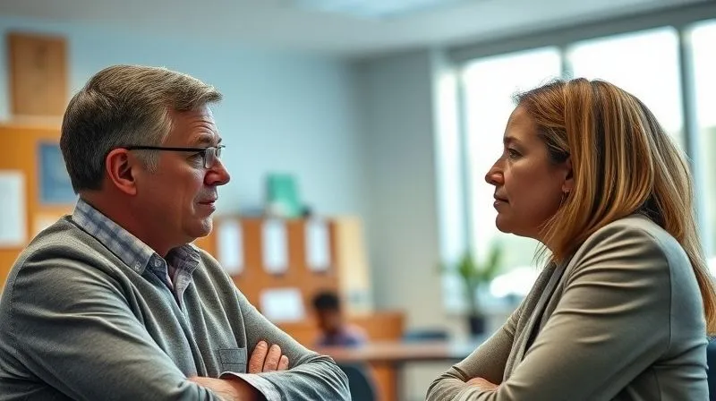 A photorealistic, professional photography, 8K image of a school principal speaking calmly and empathetically to a concerned parent in a well-lit, professional school office. The principal is making eye contact, and the parent looks relieved but still serious. Cinematic lighting highlights their faces, sharp focus, depth of field blurring the office background. Shot on a high-end DSLR.