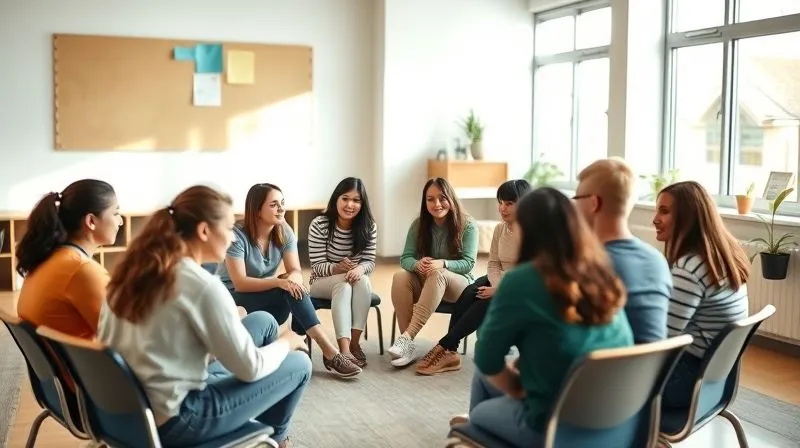 A photorealistic, professional photography, 8K image of a diverse group of students and a school counselor sitting in a circle in a bright, calming room, engaged in a supportive discussion. The atmosphere is one of empathy and understanding. Cinematic lighting, sharp focus on the group, depth of field subtly blurring the background. Shot on a high-end DSLR.