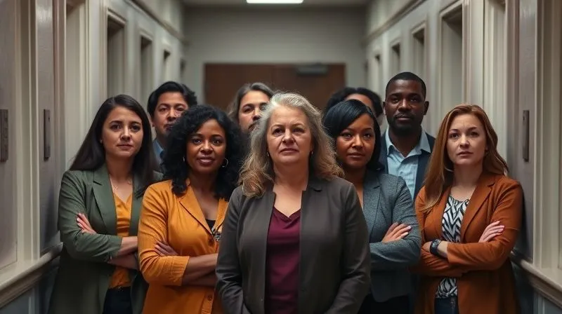 A photorealistic, professional photography shot of a diverse group of people (family, friends, community members) standing together in a courthouse hallway, their faces expressing concern but also support and hope. The focus is on their unified presence, suggesting strong community ties and character support, with soft, natural lighting. 8K, cinematic lighting, sharp focus on the faces, depth of field blurring the background, shot on a high-end DSLR.