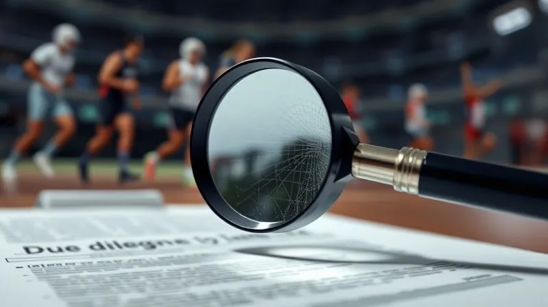 A photorealistic, professional photography shot of a magnifying glass hovering over a complex legal document with a blurred background of sports figures, symbolizing detailed due diligence. Cinematic lighting, sharp focus, depth of field, 8K hyper-detailed, shot on a high-end DSLR.