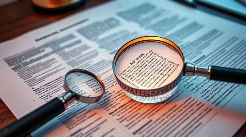 A photorealistic image of a complex, multi-layered legal document with various sections highlighted and annotated, suggesting hidden details. The document is spread open on a desk, with a magnifying glass hovering over a small, intricate paragraph. Cinematic lighting, sharp focus on the document, depth of field blurring the background. Professional photography, 8K, shot on a high-end DSLR.