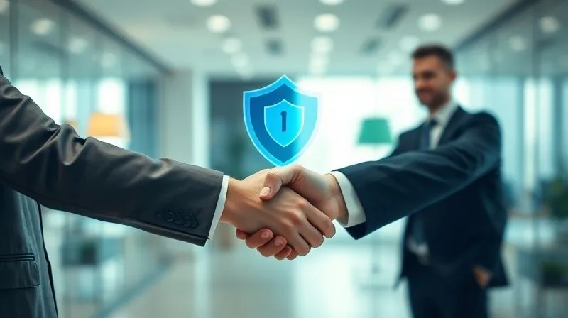 A photorealistic image of a professional handshake between two business executives, with a subtle overlay of a digital shield icon, representing protection and trust. The setting is a modern, sleek office, with soft, diffused cinematic lighting. Sharp focus on the handshake, depth of field blurring the background. Professional photography, 8K, shot on a high-end DSLR.