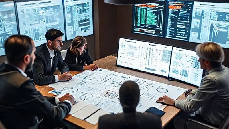 A photorealistic image of a diverse team of professionals (lawyers, engineers, business strategists) collaborating around a large table, reviewing complex flowcharts and digital screens displaying IP data. The mood is serious but focused, with cinematic lighting. Professional photography, 8K, sharp focus on the team, depth of field blurring the background. Shot on a high-end DSLR.