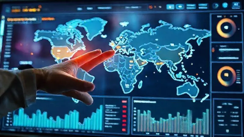A photorealistic image showing a futuristic digital dashboard displaying various IP monitoring metrics: a global map with infringement hotspots, real-time patent application alerts, and trademark watch results. The interface is clean and data-rich. Professional photography, 8K, cinematic lighting, sharp focus on the screen, depth of field blurring a hand interacting with a holographic display. Shot on a high-end DSLR.