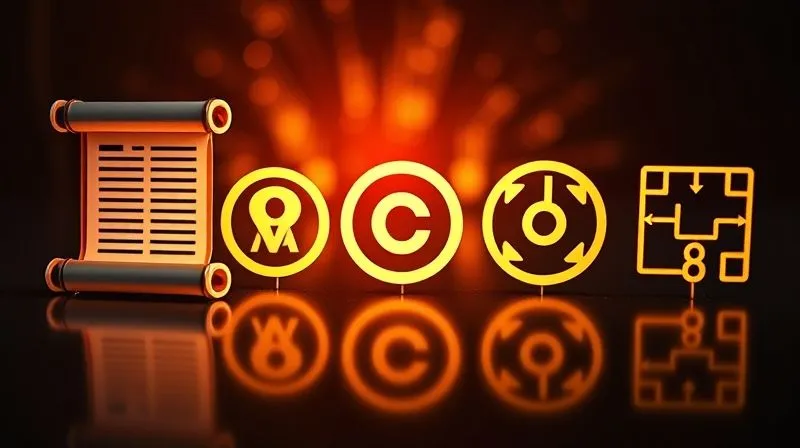 A photorealistic professional photography, 8K, cinematic lighting, sharp focus, depth of field shot of a diverse collection of intellectual property symbols – a patent scroll, a trademark logo, a copyright symbol, a data flow diagram – all radiating a subtle glow on a dark, reflective surface. Shot on a high-end DSLR.