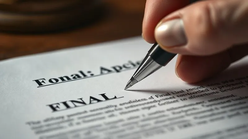 A photorealistic close-up of a legal document or appeal form, with a pen poised to sign, conveying the weight of a final decision or the start of an appeal, professional photography, 8K, cinematic lighting, sharp focus, depth of field.