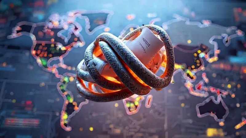 A photorealistic 3D rendering of interconnected legal documents and digital data streams forming a tangled knot over a stylized world map, highlighting regions with different colored overlays. Cinematic lighting, sharp focus on the knot, depth of field blurring the background, 8K hyper-detailed, professional photography.