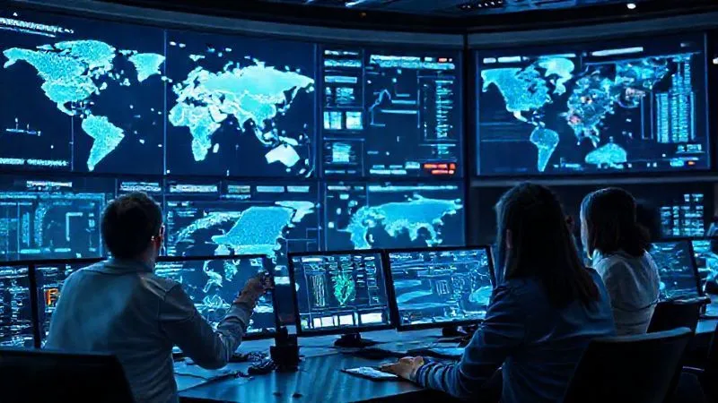A photorealistic image of a futuristic control room with multiple holographic displays showing complex global data maps and legal frameworks. A diverse team of professionals is intently observing and collaborating, pointing at emerging trends and challenges on the screens. Cinematic lighting, sharp focus on the team and displays, depth of field blurring the background, 8K hyper-detailed, professional photography.