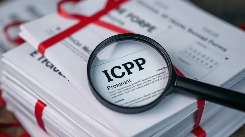 A photorealistic image of a stack of official-looking legal documents, possibly ICPC forms, with a magnifying glass meticulously examining a specific detail. The documents are neatly organized but surrounded by a subtle, intricate web of red tape. Cinematic lighting, sharp focus on the magnifying glass and document, depth of field blurring the background. Shot on a high-end DSLR, 8K hyper-detailed, professional photography.