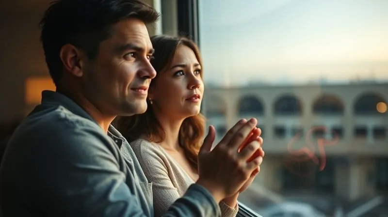 A photorealistic image of a couple holding hands, looking out a window with a slightly anxious yet hopeful expression, perhaps at a distant, blurred horizon. The light is soft and warm, suggesting a quiet moment of reflection and mutual support during a period of waiting. Cinematic lighting, sharp focus on their hands and faces, depth of field blurring the outside. Shot on a high-end DSLR, 8K hyper-detailed, professional photography.