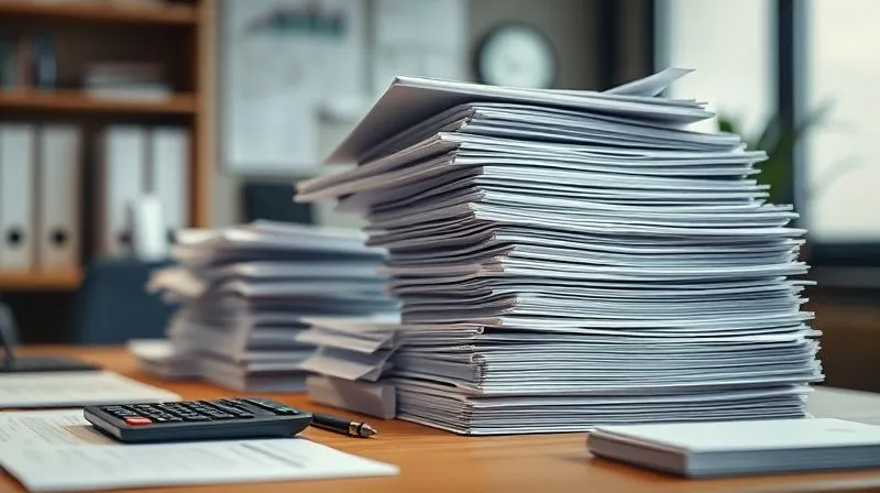 A photorealistic image of a meticulously organized desk with stacks of neatly labeled folders, ledgers, and a calculator, all bathed in soft, professional lighting. Sharp focus on the documents, depth of field blurring a subtle office background, conveying preparedness and attention to detail. 8K, cinematic lighting.