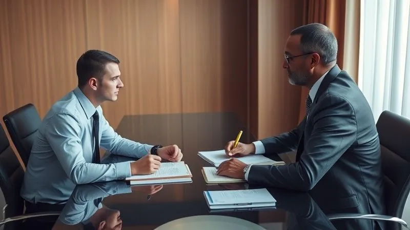 A photorealistic, professional photography, 8K, cinematic lighting, sharp focus, depth of field, shot on a high-end DSLR. Two professionals, one in business attire representing a company and another in formal attire representing the IRS, engaged in a serious but calm discussion across a conference table, with legal documents and notebooks between them. The mood is focused and professional, not confrontational.