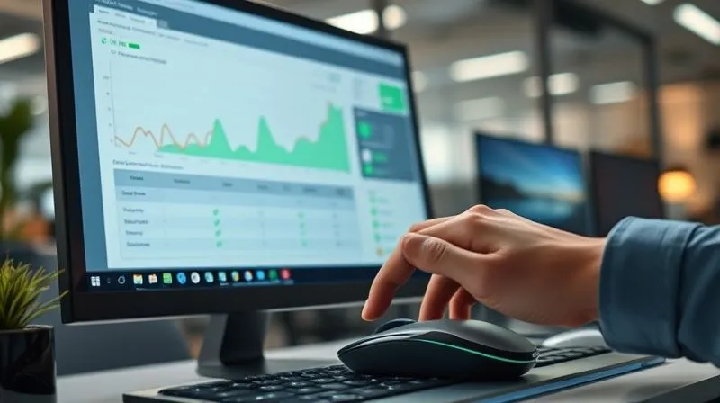 A photorealistic, professional photography, 8K, cinematic lighting, sharp focus, depth of field, shot on a high-end DSLR. A clean, modern computer screen displaying a user-friendly payroll management software interface, with graphs showing compliance metrics and green checkmarks indicating successful processes. A hand is gently hovering over a mouse, suggesting effortless control and efficiency. The background is a subtly blurred office environment, conveying professionalism and technological integration.