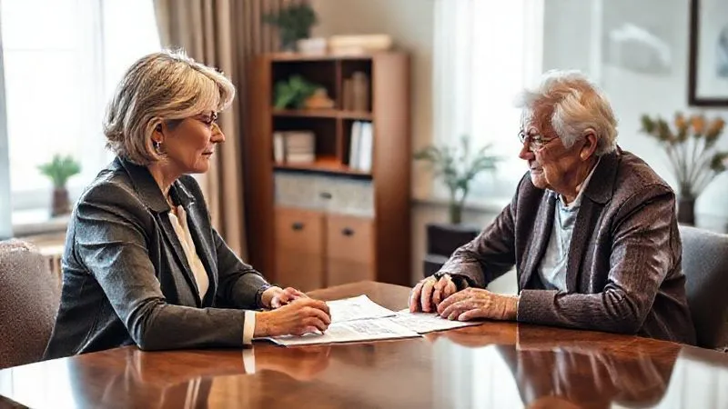 photorealistic, professional photography, 8K, cinematic lighting, sharp focus, depth of field, shot on a high-end DSLR. An empathetic female elder law attorney sits across a desk from a concerned elderly couple, gently explaining legal documents. The setting is a professional, warm office with natural light, conveying trust and support.