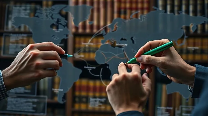 A photorealistic, professional photography, 8K, cinematic lighting, sharp focus, depth of field, shot on a high-end DSLR image of a detailed legal map or flowchart illustrating complex interconnections between various domestic statutes and international treaties. Hands with different colored highlighters are meticulously tracing lines and circling potential conflict zones, emphasizing the intricate process of identifying legal discrepancies. The background is a blurred bookshelf filled with law tomes, suggesting deep research.