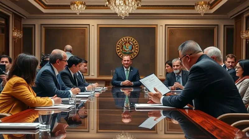 A photorealistic, professional photography, 8K, cinematic lighting, sharp focus, depth of field, shot on a high-end DSLR image depicting a diverse group of diplomats from various nations gathered around a large, polished conference table. They are engaged in serious, focused discussion, with one diplomat presenting a document while others listen intently. The setting is a grand, formal international conference room, bathed in soft, balanced cinematic lighting, emphasizing the gravity and importance of diplomatic engagement in resolving international legal conflicts.