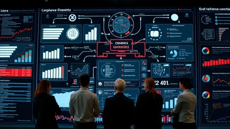 A photorealistic, professional photography, 8K, cinematic lighting, sharp focus, depth of field, shot on a high-end DSLR image of a complex, interconnected digital dashboard or a sophisticated compliance framework diagram. Various legal documents, data points, and flow arrows are displayed on multiple screens, indicating a systematic approach to monitoring and ensuring legal harmony. A diverse team of legal professionals is subtly visible in the background, collaborating and analyzing the data, emphasizing proactive strategy and coordination.