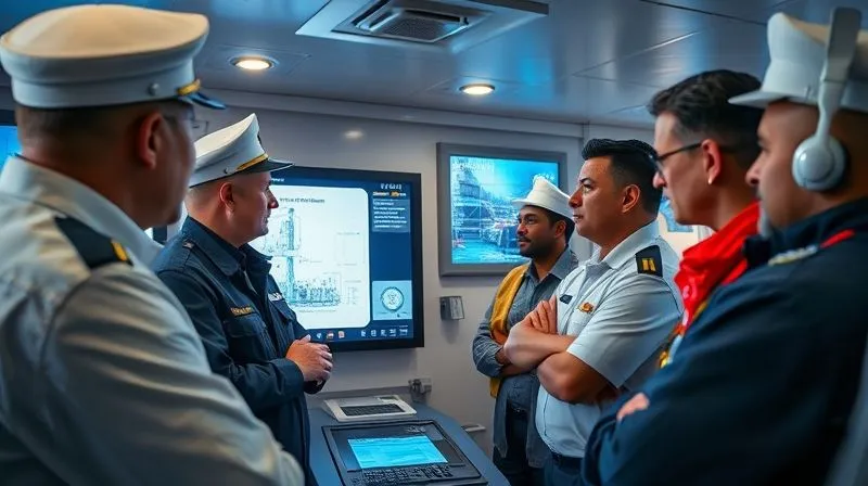 photorealistic, professional photography, 8K, cinematic lighting, sharp focus, depth of field, shot on a high-end DSLR, a group of diverse maritime crew members in a modern ship's control room, intently focused on a digital display showing ballast water system schematics. One experienced officer points to a detail, while others listen attentively, symbolizing effective training and collaboration in navigating complex port regulations. The atmosphere is serious and professional.