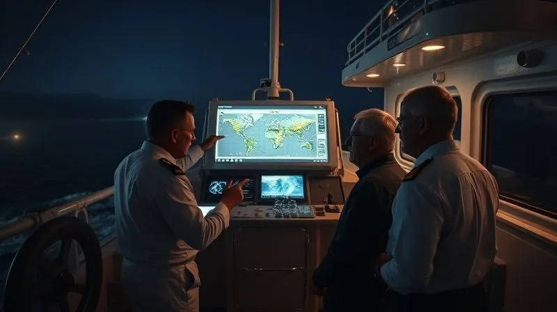 photorealistic, professional photography, 8K, cinematic lighting, sharp focus, depth of field, shot on a high-end DSLR, a ship's bridge at night, illuminated by the soft glow of navigation screens. A small, focused team of officers, silhouetted against the dark ocean, are engaged in a tense but composed discussion, pointing at charts and digital displays, symbolizing a critical decision-making process during an unexpected emergency at sea related to regulatory compliance. The mood is serious but resilient.