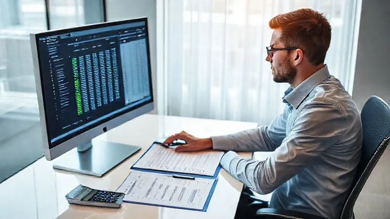 A photorealistic image of a person sitting at a modern desk, intensely analyzing a detailed spreadsheet on a computer screen, with printed legal documents and a calculator beside them. The person appears focused and professional. Cinematic lighting, sharp focus on the person and screen, depth of field. Professional photography, 8K hyper-detailed.