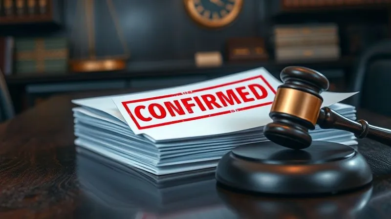 Photorealistic, professional photography, 8K, cinematic lighting, sharp focus, depth of field, shot on a high-end DSLR. A close-up of a stack of legal documents with a red 'Confirmed' stamp, a gavel resting beside it, all on a dark, polished wooden desk in a dimly lit, grand legal office, conveying finality and judicial authority.