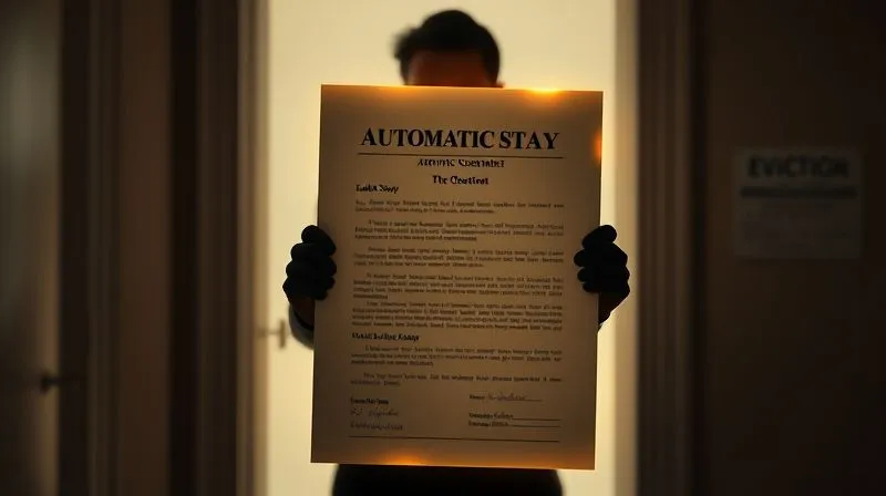 A photorealistic image of a legal document titled 'Automatic Stay' glowing with a protective aura, positioned like a shield in front of a silhouette of a person standing in a doorway. The background shows a blurred eviction notice. Professional photography, 8K, cinematic lighting, sharp focus on the glowing document, depth of field blurring the background, shot on a high-end DSLR.