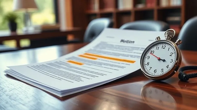A photorealistic image of a legal brief or motion document, with key sections highlighted and urgent annotations, resting on a polished wooden table next to a ticking stopwatch. The background is a blurred, busy law office. Professional photography, 8K, cinematic lighting, sharp focus on the document and stopwatch, depth of field blurring the background, shot on a high-end DSLR.