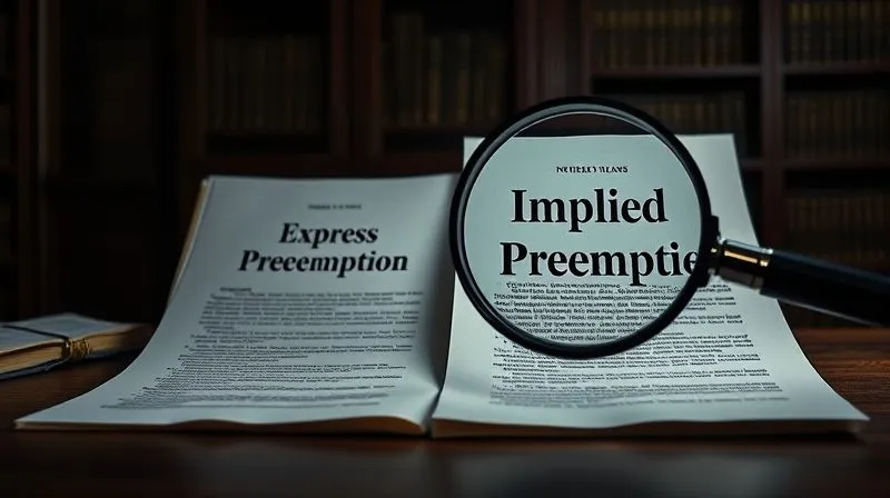 Photorealistic, professional photography, 8K, cinematic lighting, sharp focus, depth of field, shot on a high-end DSLR. Two distinct legal documents, one clearly labeled "Express Preemption" with bold, direct text, and the other labeled "Implied Preemption" with subtle, overlapping layers of parchment, symbolizing its more nuanced nature. A magnifying glass hovers over the implied document, highlighting its complexity. The background is a dimly lit, classic law library setting.