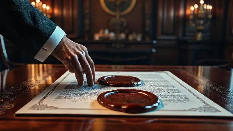 A photorealistic, professional photography image depicting a formal, ornate diplomatic document with a large, antique wax seal being pressed onto it. The setting is a polished mahogany desk in a dimly lit, opulent room, suggesting solemnity and high-stakes decision-making. 8K, cinematic lighting, sharp focus on the seal and document, depth of field blurring the background, shot on a high-end DSLR.