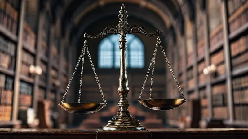 A photorealistic, professional photography image of antique, balanced scales of justice, with one pan slightly heavier, symbolizing the delicate balance between state sovereignty and international justice. The setting is a grand, historic legal library, with soft, directional lighting highlighting the intricate details of the scales. 8K, sharp focus, depth of field, shot on a high-end DSLR.