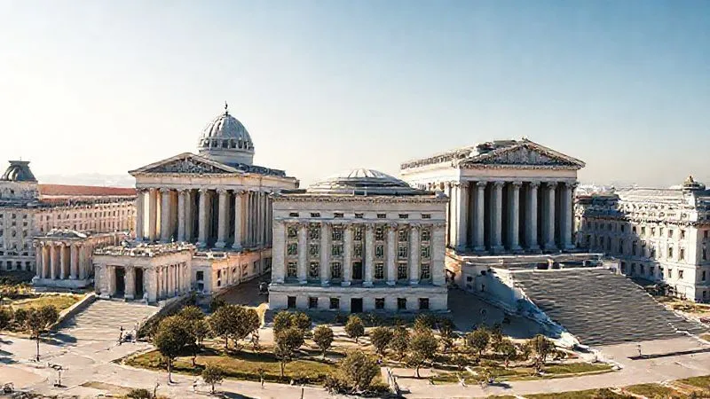 Photorealistic, professional photography, 8K, cinematic lighting, sharp focus, depth of field, shot on a high-end DSLR. A panoramic view of several distinct but interconnected majestic legal buildings, each representing a different international legal body (e.g., International Court of Justice, European Court of Human Rights, International Criminal Court). The architecture is grand and symbolic of justice, bathed in a clear, bright light, suggesting multiple pathways to accountability in the global legal landscape. The scene is serene yet powerful, emphasizing structure and order.