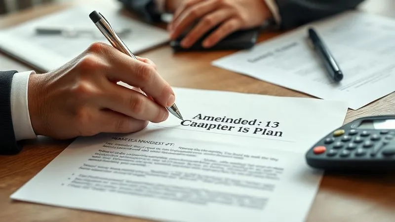 A photorealistic image of a person's hands holding a pen over a document titled 'Amended Chapter 13 Plan', with other legal documents and a calculator on a desk. The scene is well-lit, professional, with a sense of focus and decision-making. 8K, sharp focus on the document and hands, depth of field blurring the background, shot on a high-end DSLR.
