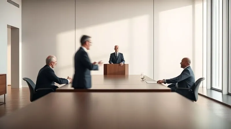 A photorealistic, professional photography shot of a modern, minimalist arbitration room. A blurred figure stands at a podium addressing three distinguished arbitrators seated at a long table. The room is bathed in soft, natural light, emphasizing the gravity and formality of the proceedings. Sharp focus on the central figures, depth of field, 8K hyper-detailed, shot on a high-end DSLR.
