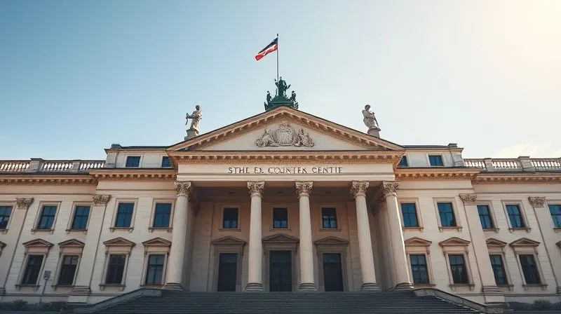 A photorealistic, professional photography image of a grand, imposing courthouse facade in Switzerland, with a strong sense of gravitas and finality. The architecture is detailed and stoic under a clear sky. Cinematic lighting, sharp focus, depth of field, 8K hyper-detailed, shot on a high-end DSLR.
