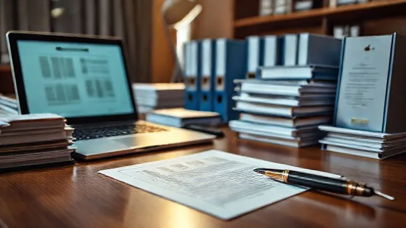 A photorealistic image of a meticulously organized desk, with stacks of legal binders, a laptop displaying case files, and a pen poised over a document. The scene is bathed in focused, professional lighting, emphasizing preparation and attention to detail. 8K, cinematic lighting, sharp focus, depth of field.