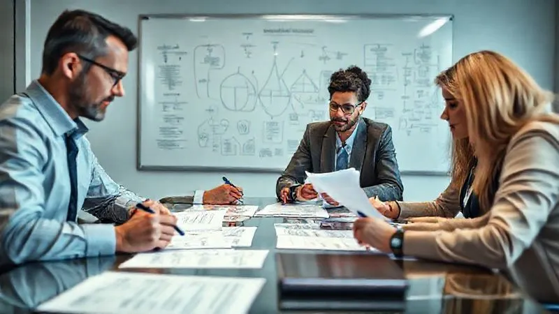 A photorealistic, professional photography image of a skilled legal team (diverse, 3-4 people) intensely reviewing documents around a large conference table, pens in hand, focused expressions. A whiteboard in the background shows complex legal strategy diagrams. Cinematic lighting, sharp focus on the team, depth of field blurring the background, 8K hyper-detailed, shot on a high-end DSLR.