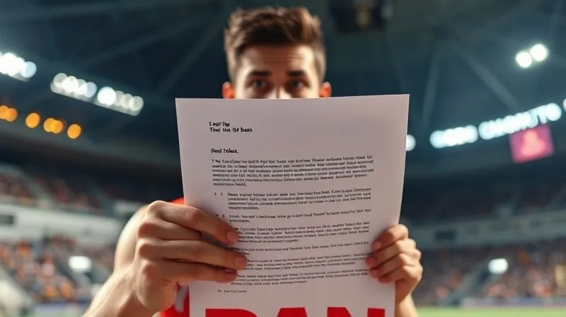 A photorealistic image of a bewildered athlete holding a formal letter of ban, with complex legal jargon highlighted, cinematic lighting, sharp focus on the letter and the athlete's hand, depth of field blurring a sports arena in the background, 8K hyper-detailed, professional photography, shot on a high-end DSLR.