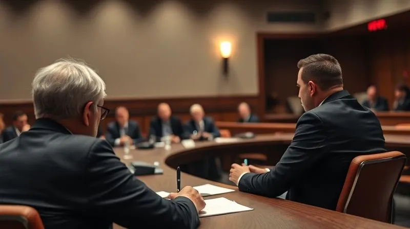 A photorealistic image of a formal arbitration hearing room, with a panel of arbitrators listening intently to a lawyer presenting a case, the athlete sitting beside them. Cinematic lighting, sharp focus on the lawyer and arbitrators, depth of field blurring the background, 8K hyper-detailed, professional photography, shot on a high-end DSLR.