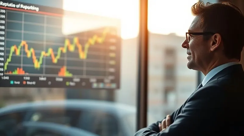 A photorealistic, professional photography shot of a thoughtful business person looking out a window, with a softly blurred financial chart on a screen in the background showing a positive trend in reputation or recovery. The lighting is cinematic, highlighting contemplation and strategic planning. Sharp focus on the person, with depth of field. 8K hyper-detailed, shot on a high-end DSLR.