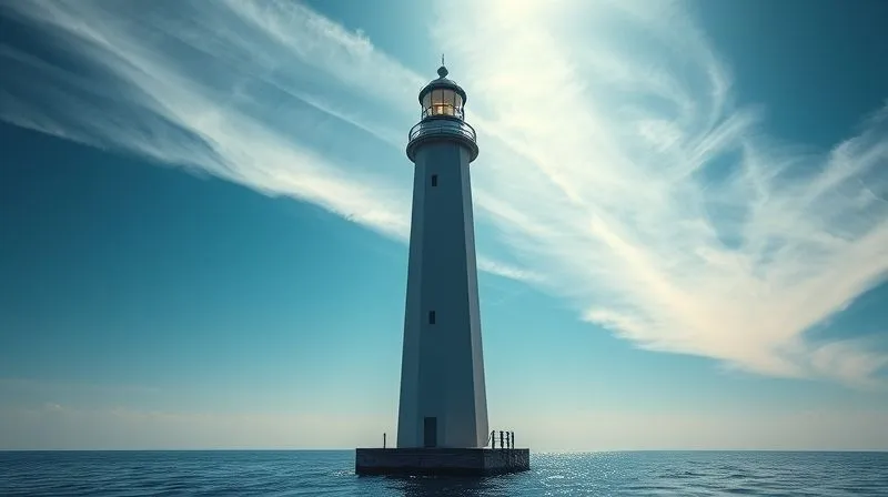 A photorealistic, professional photography shot of a modern, sleek lighthouse standing tall against a dramatic, clear blue sky with gentle clouds, casting a strong, guiding light over calm waters. The composition is professional, with cinematic lighting, sharp focus on the lighthouse, and a shallow depth of field. 8K hyper-detailed, shot on a high-end DSLR.