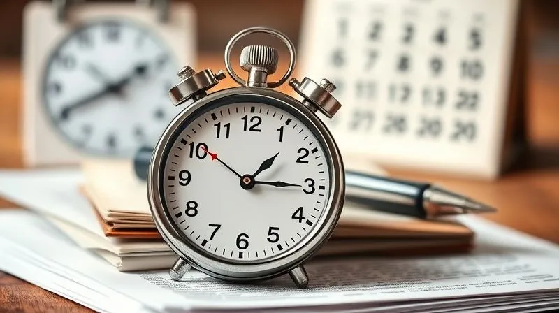 A photorealistic, professional photography, 8K, cinematic lighting, sharp focus, depth of field, shot on a high-end DSLR image of a vintage stopwatch showing 29 seconds left, placed on top of a stack of legal documents, with a blurred calendar in the background highlighting a critical deadline. The scene conveys urgency and precision.