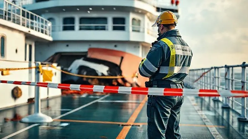 A photorealistic image of a secured maritime accident scene on a vessel's deck, with clear perimeter tape and a designated coordinator in safety gear overseeing initial documentation, a damaged part of the ship visible. Cinematic lighting, sharp focus, depth of field, 8K, professional photography.
