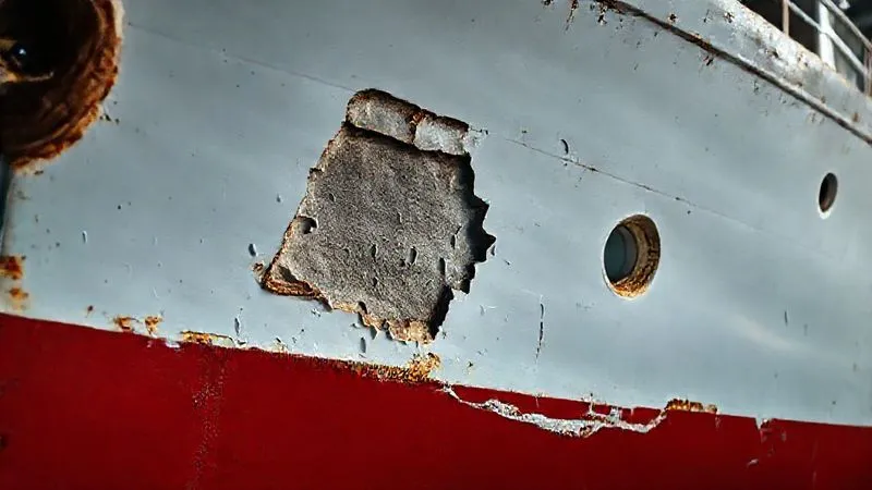 A photorealistic detailed shot of a vessel's damaged hull, showing a clear indentation and paint transfer, with a measuring tape providing scale. Cinematic lighting, sharp focus on the damage, depth of field, 8K, professional photography.
