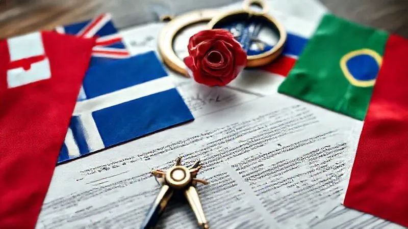 A photorealistic image of a complex legal document with multiple flags overlaid, symbolizing international maritime law and intersecting jurisdictions, with a compass rose in the background. Cinematic lighting, sharp focus, depth of field, 8K, professional photography.