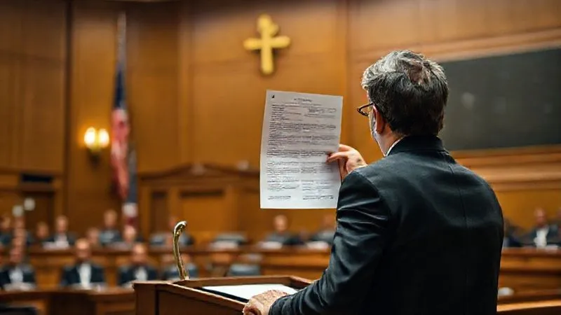 Photorealistic, professional photography, 8K, cinematic lighting, sharp focus, depth of field, shot on a high-end DSLR. A lawyer standing at a podium in a courtroom, holding up a document towards the judge, making a clear and concise point about an piece of evidence, conveying a moment of intense focus and legal argument.