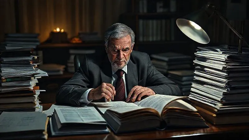 Photorealistic, professional photography, 8K, cinematic lighting, sharp focus, depth of field, shot on a high-end DSLR. A weary but determined lawyer sits at a desk late at night, surrounded by stacks of legal documents and open law books, reviewing a trial transcript with a furrowed brow, a single lamp casting dramatic shadows, conveying the immense pressure and detailed work involved in preparing for an appeal.