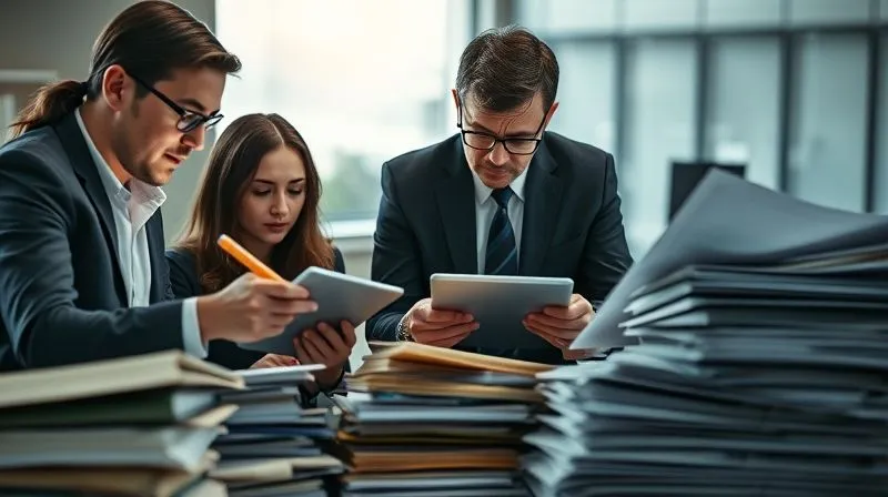 A photorealistic image of a legal team meticulously sifting through stacks of documents and digital files, using highlighters and tablets, focused and collaborative, cinematic lighting, sharp focus on the team, depth of field.